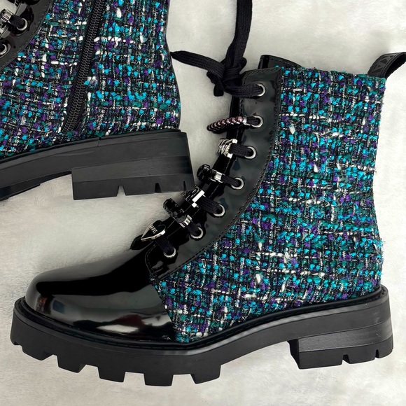 KARL LAGERFELD Mela Black and Blue Tweed Embellished Combat Boots--NWT--7 - Picture 6 of 16